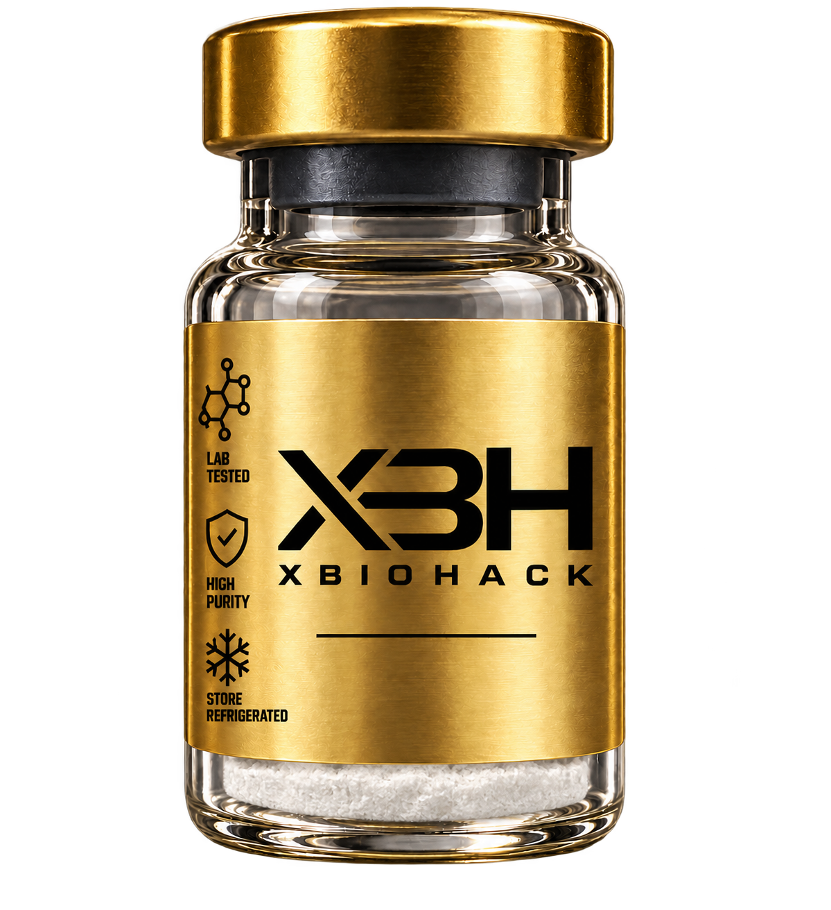 Photorealistic XBH glass research vial with a gold cap, original X BIOHACK label, and white lyophilized powder at the bottom